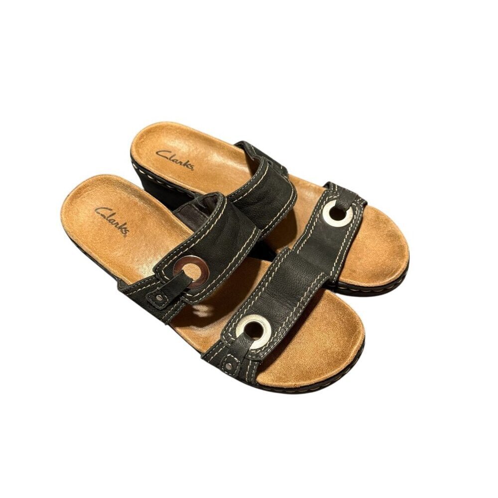 Clarks Womens Black Slide Sandals With Double Straps & Metal Accents Size 9M